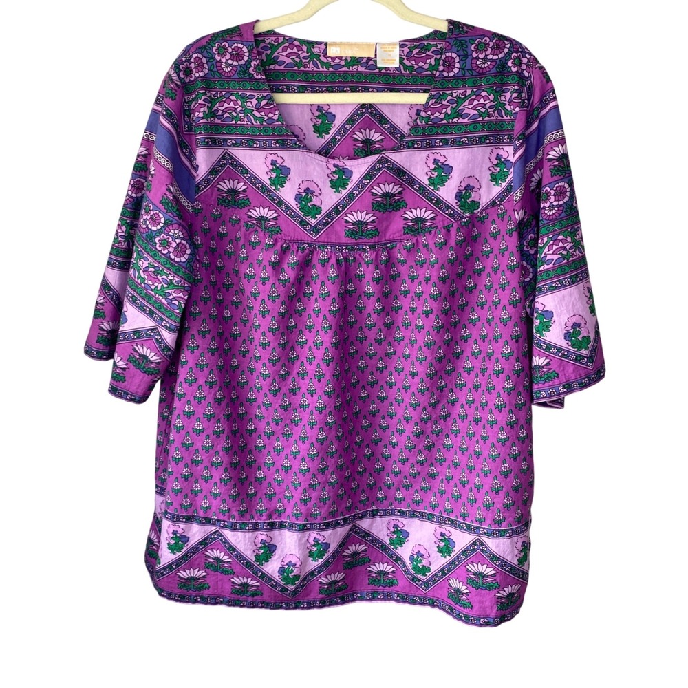 La Cera Purple Floral Block Print Cotton Tunic Top Plus 1X V-Neck‎ Boho India